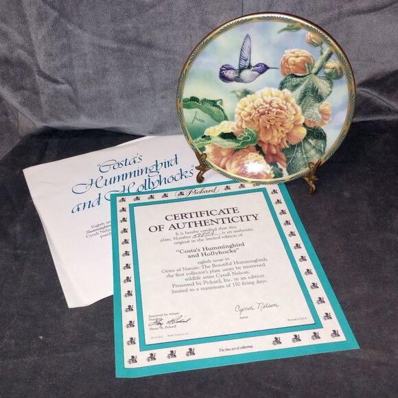 Vintage 1990 Pickard "Costa's Hummingbird and Hollyhocks" Plate By Cyndi Nelson - Picture 1 of 8
